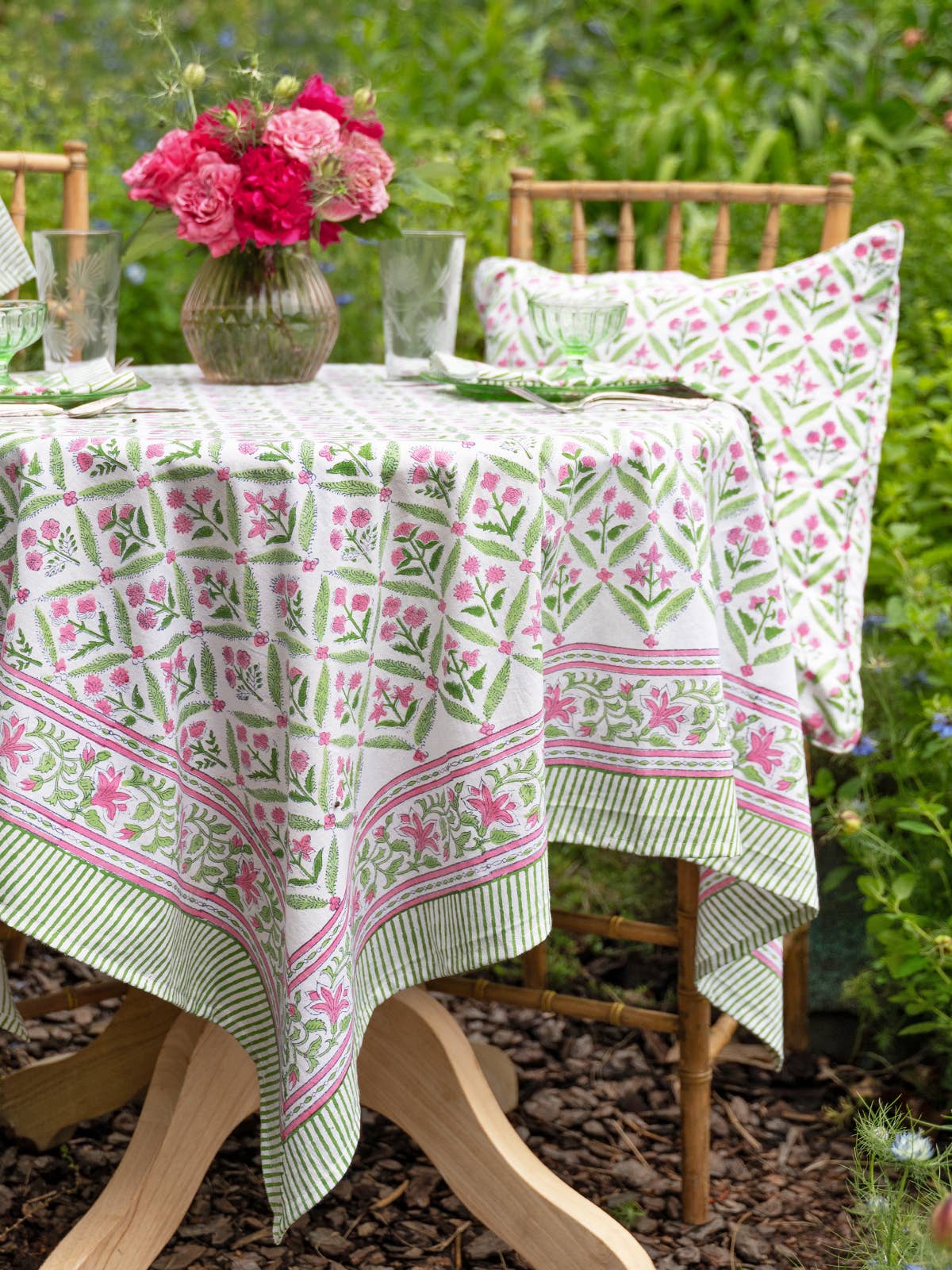 April Cornell - Gazebo Block Print Tablecloth - Pink Green