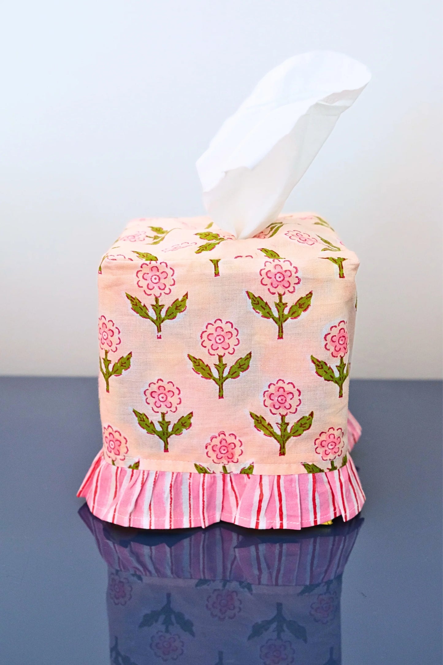 Ruffled Tissue Box Cover in Mona Pink Blockprint