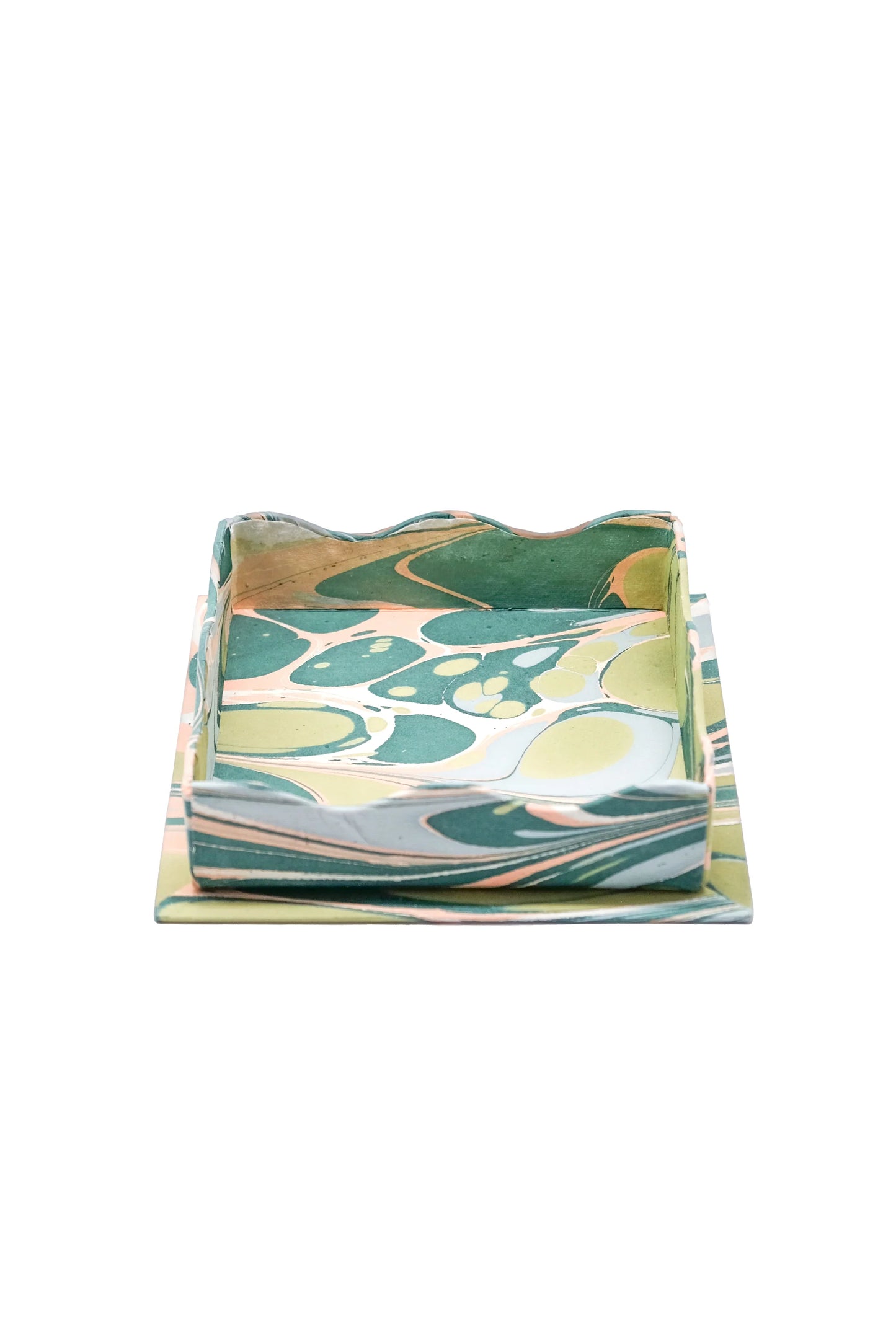 Nesting Scalloped Hand-Marbled Trays in Green and Pink - set of 2