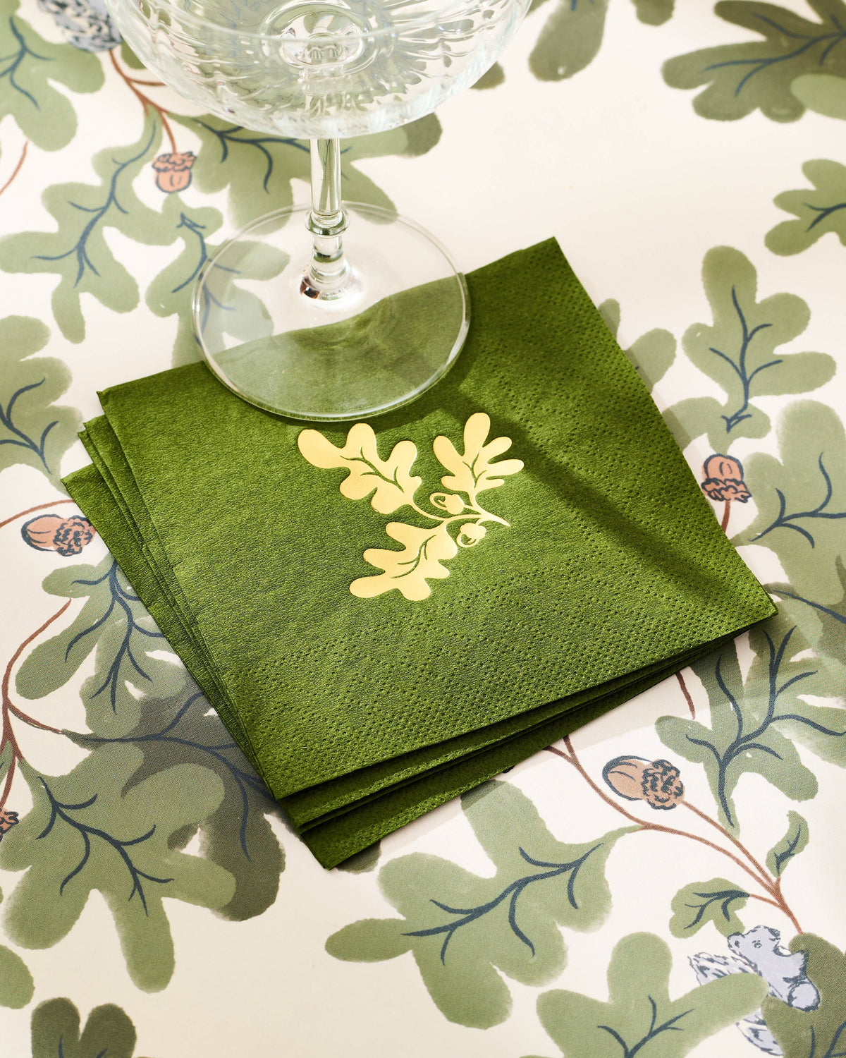 Oak Leaf and Acorn Gold, Green Paper Beverage Napkins - Set of 20