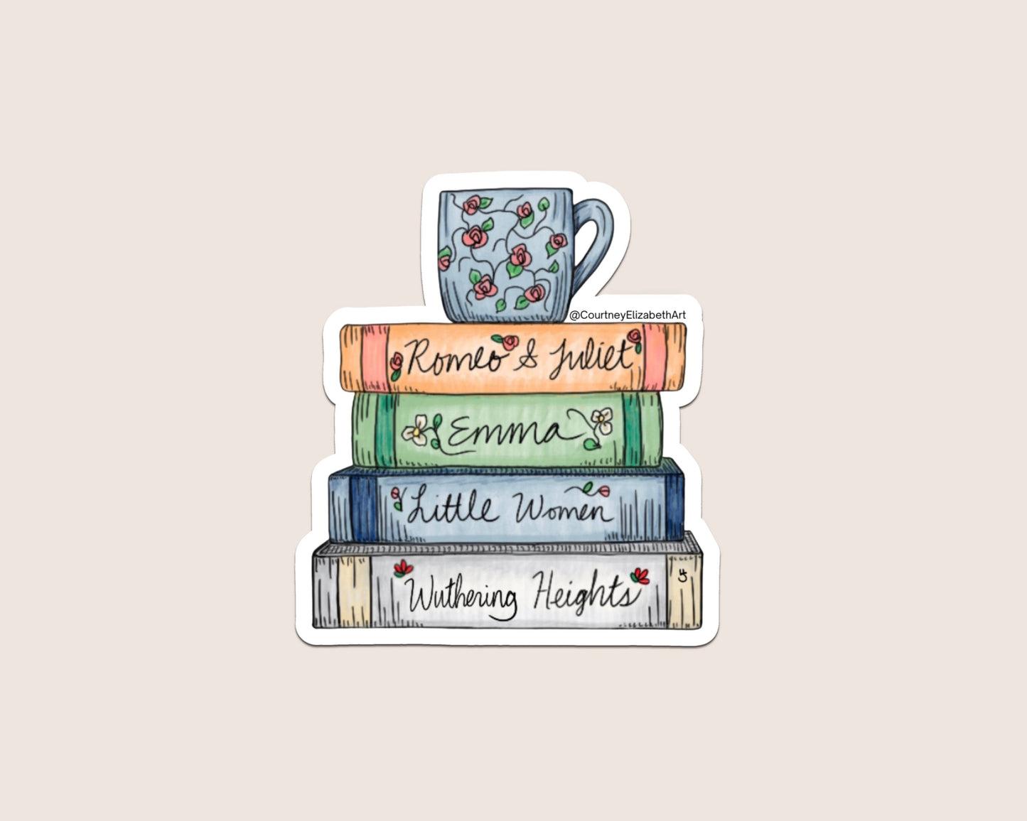 Book Stack and Teacup Sticker