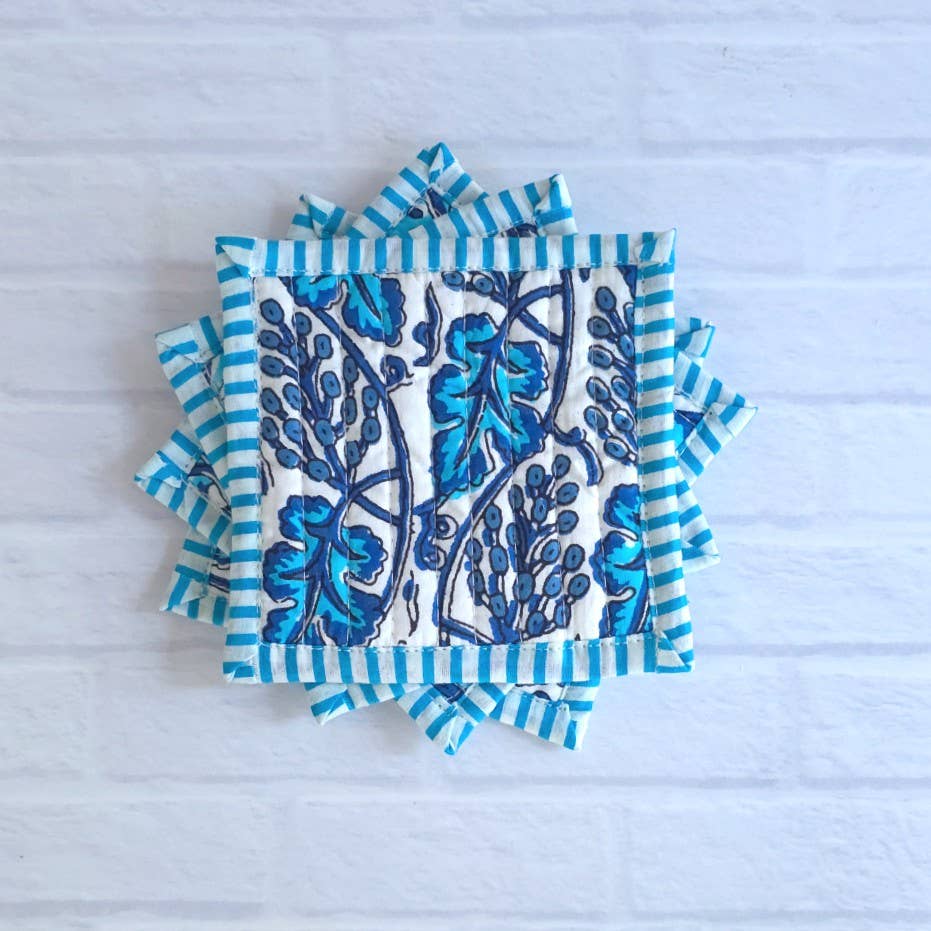 Quilted Coasters, Falling Leaves Blue, set of 4