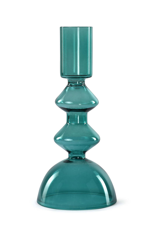Retro Glass Candle Stick Holder- 6 x 2.5 Inches_ Teal