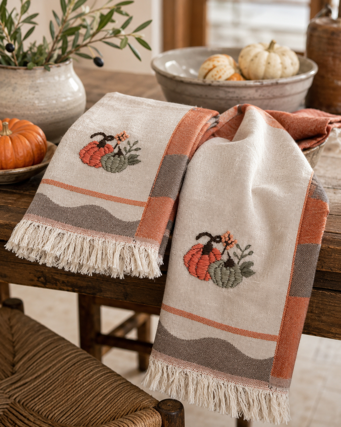 Pumpkin - Hand-Stitched Kitchen Towel Set