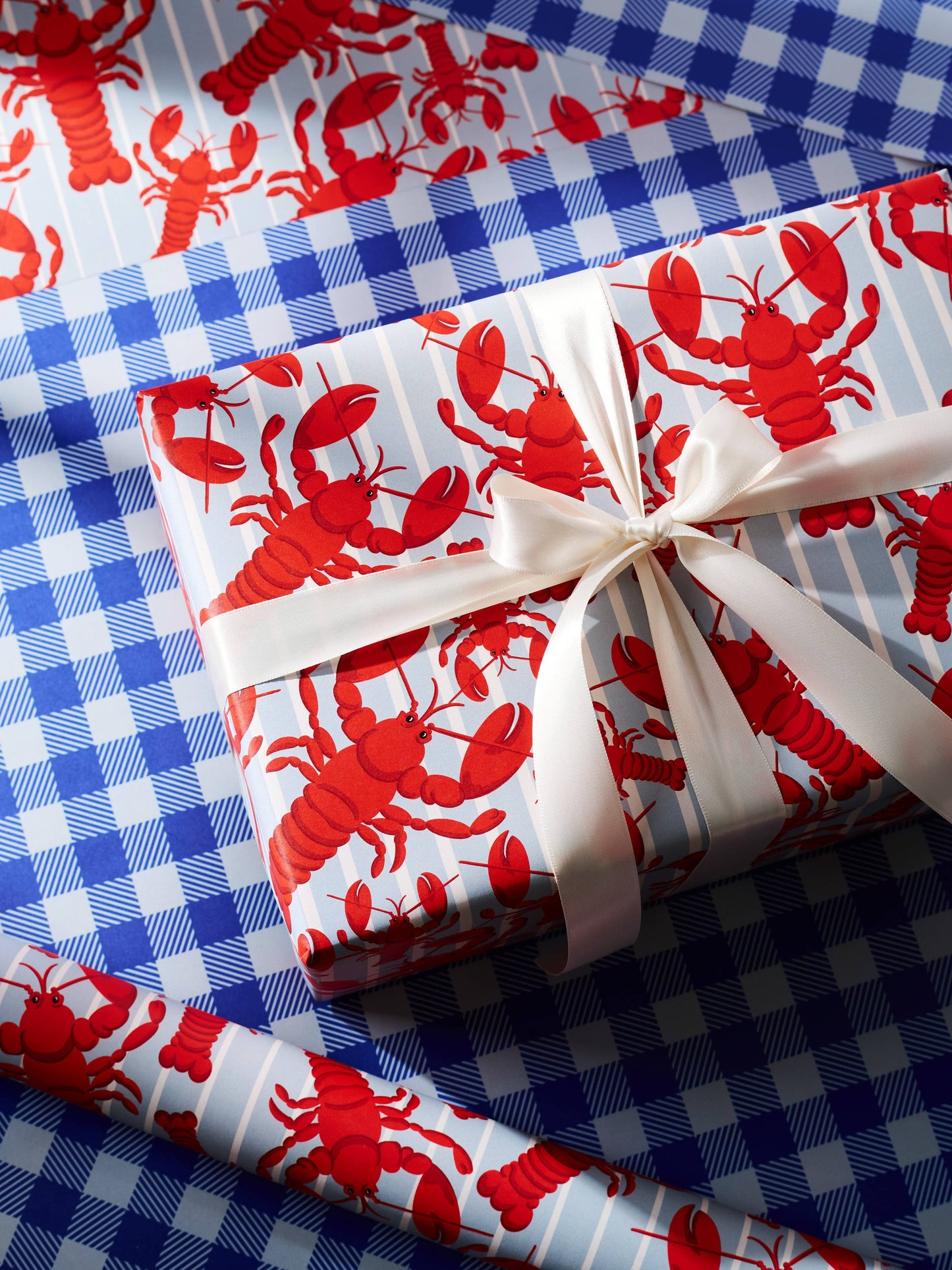 Lobster and Blue Gingham Double Sided Gift Wrap