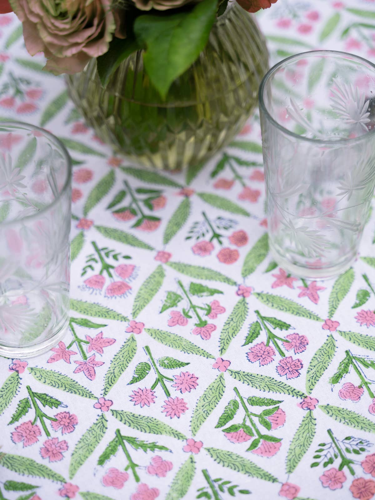 April Cornell - Gazebo Block Print Tablecloth - Pink Green