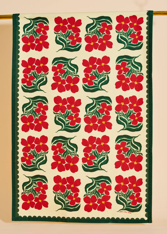 Red and Green Floral Tea Towel