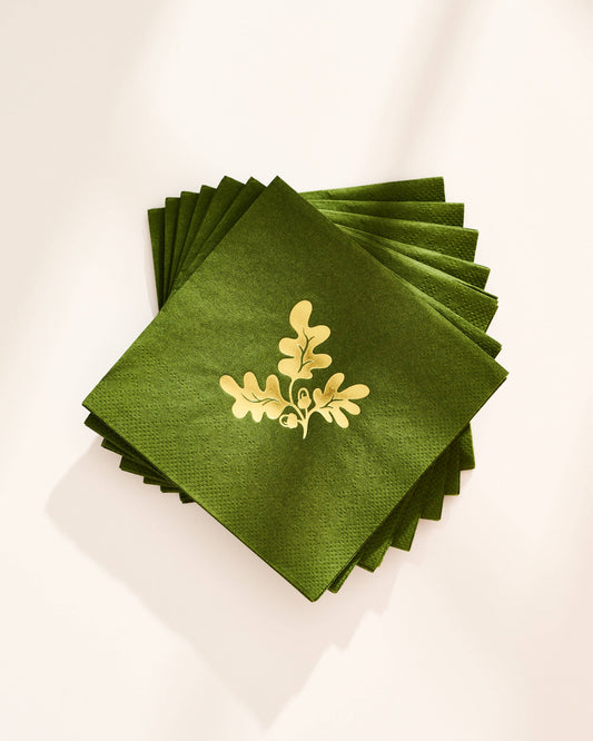 Oak Leaf and Acorn Gold, Green Paper Beverage Napkins - Set of 20
