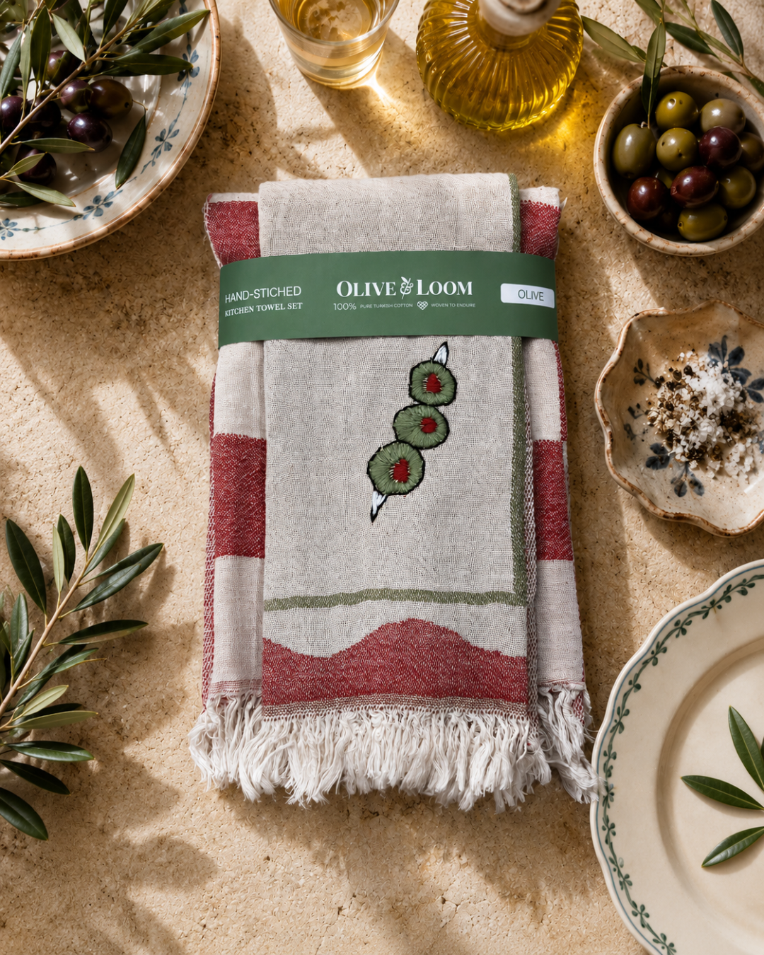 Olive - Hand-Stitched Kitchen Towel Set