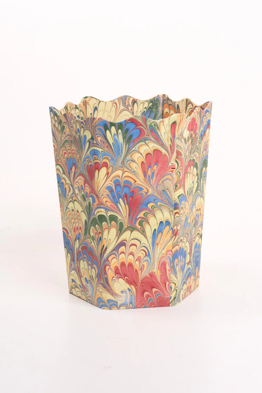 Hand-Marbled Scallop Waste Bin / Storage Bin in Multicolor