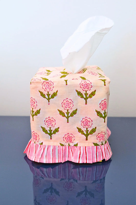 Ruffled Tissue Box Cover in Mona Pink Blockprint