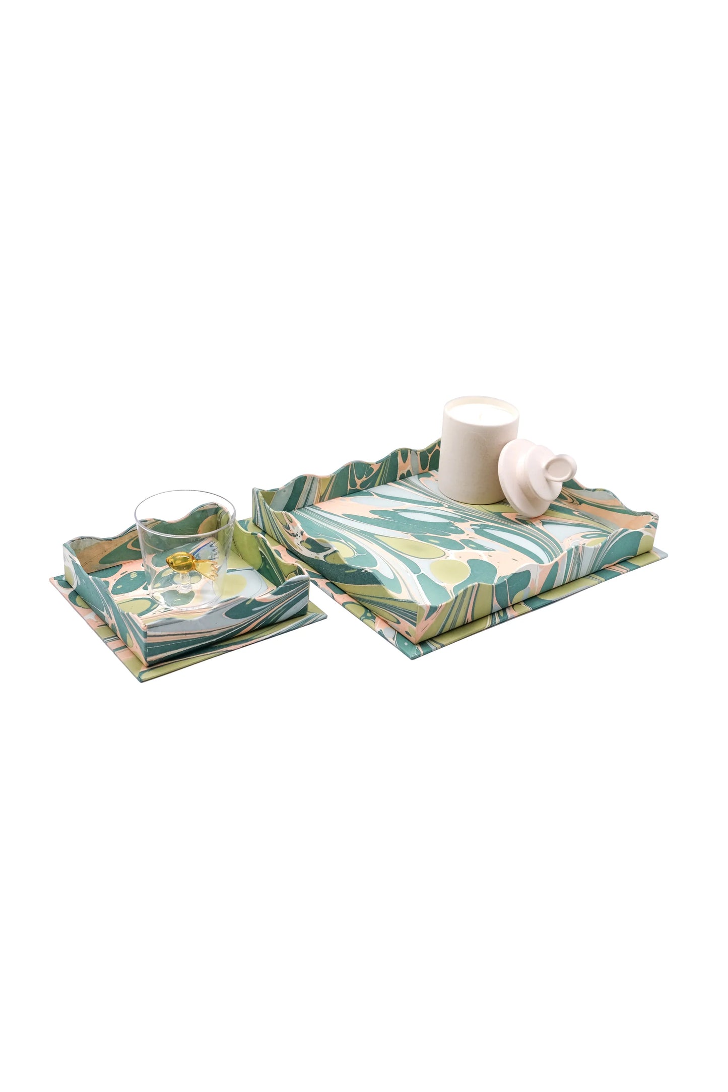 Nesting Scalloped Hand-Marbled Trays in Green and Pink - set of 2