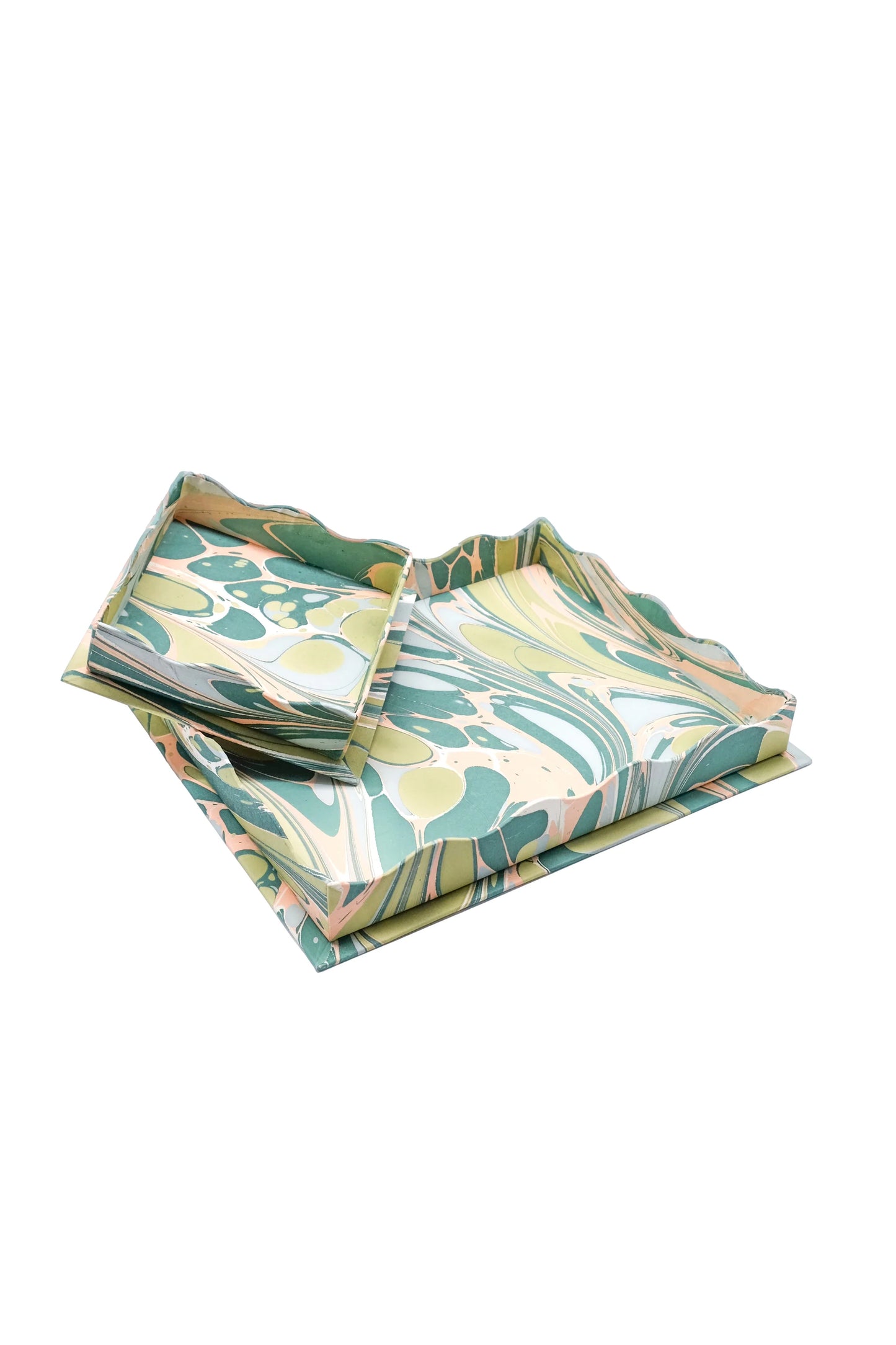 Nesting Scalloped Hand-Marbled Trays in Green and Pink - set of 2