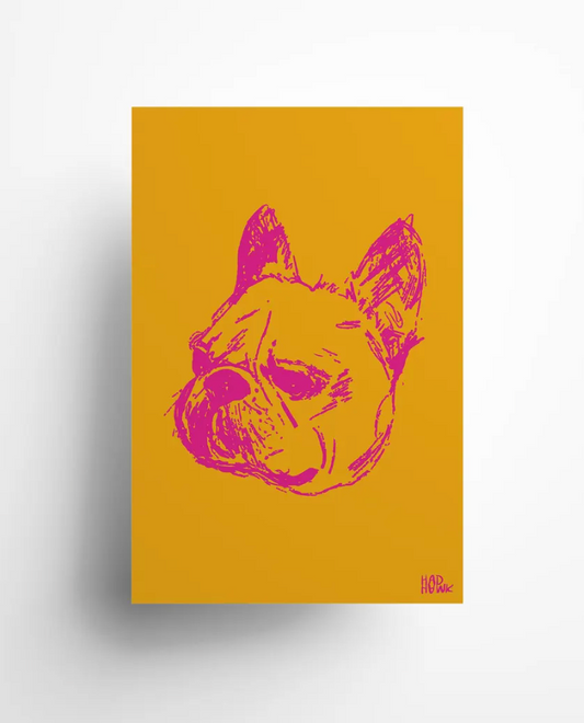 Hadhawk Design Greeting Card - French Bulldog - Orange & Pink (blank inside)