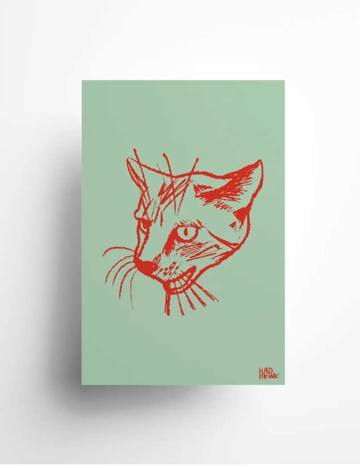 Hadhawk designs - Cat Greeting Card - Blank inside - Mint & Red