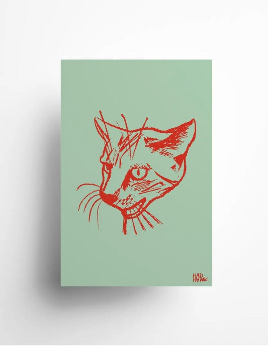 Hadhawk designs - Cat Greeting Card - Blank inside - Mint & Red