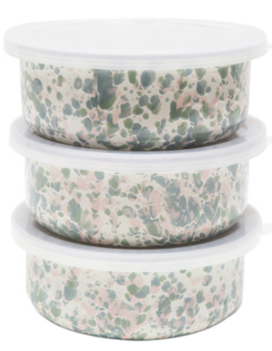 Splatter Enamel Catalina 3 Piece Storage Bowl Set, Mint Hibiscus