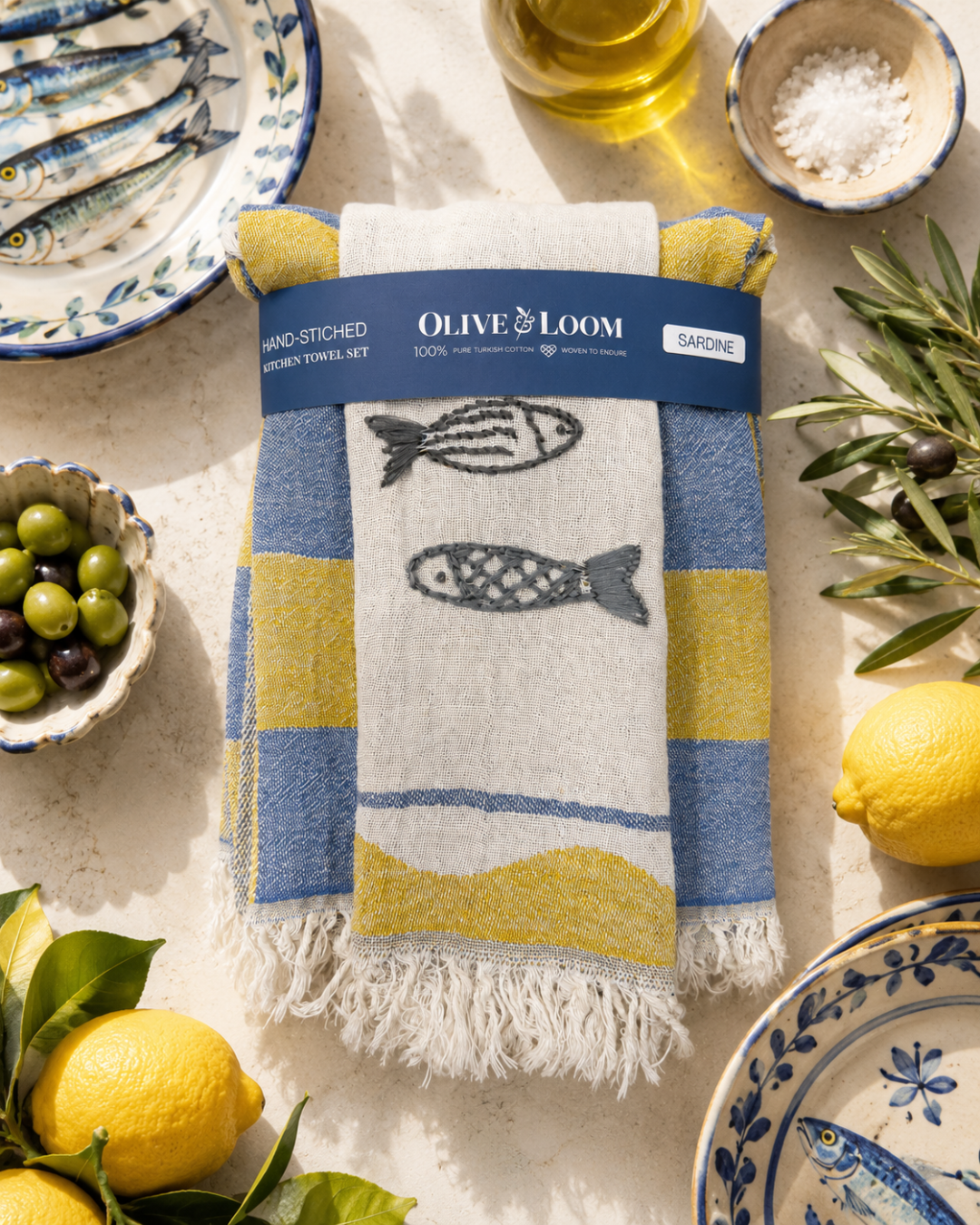 Sardine - Hand-Stitched Kitchen Tea Towel Set