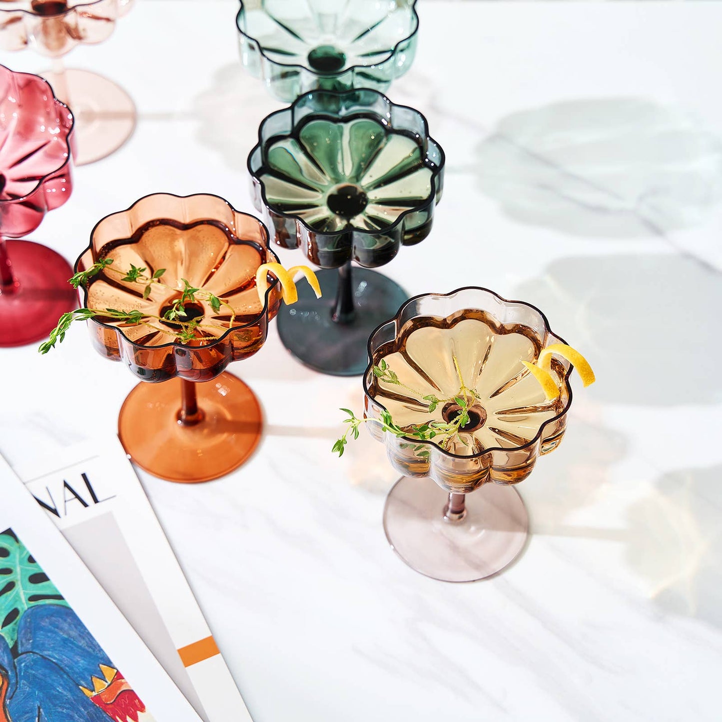 Flower Vintage Wavy Petals Glass Coupe 7oz, Sold individually (Muted Rainbow)