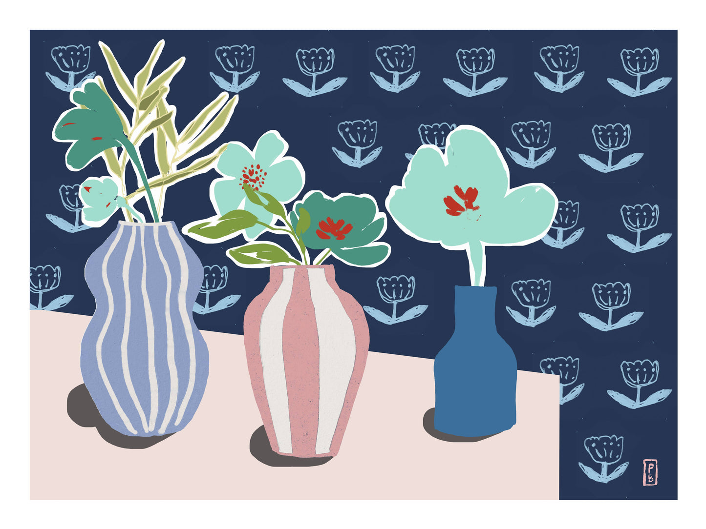 Pascale Berkowitz Studio Art - "Teal Flowers", Giclée Fine Art Print