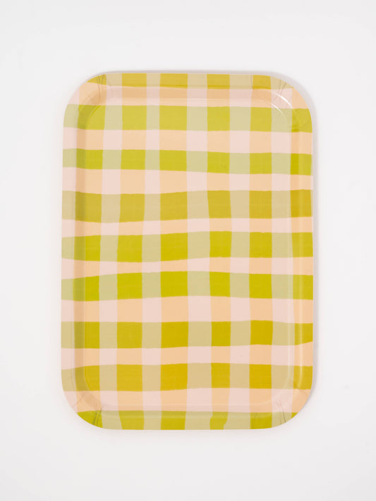 Green Gingham Bent Birch Serving Tray