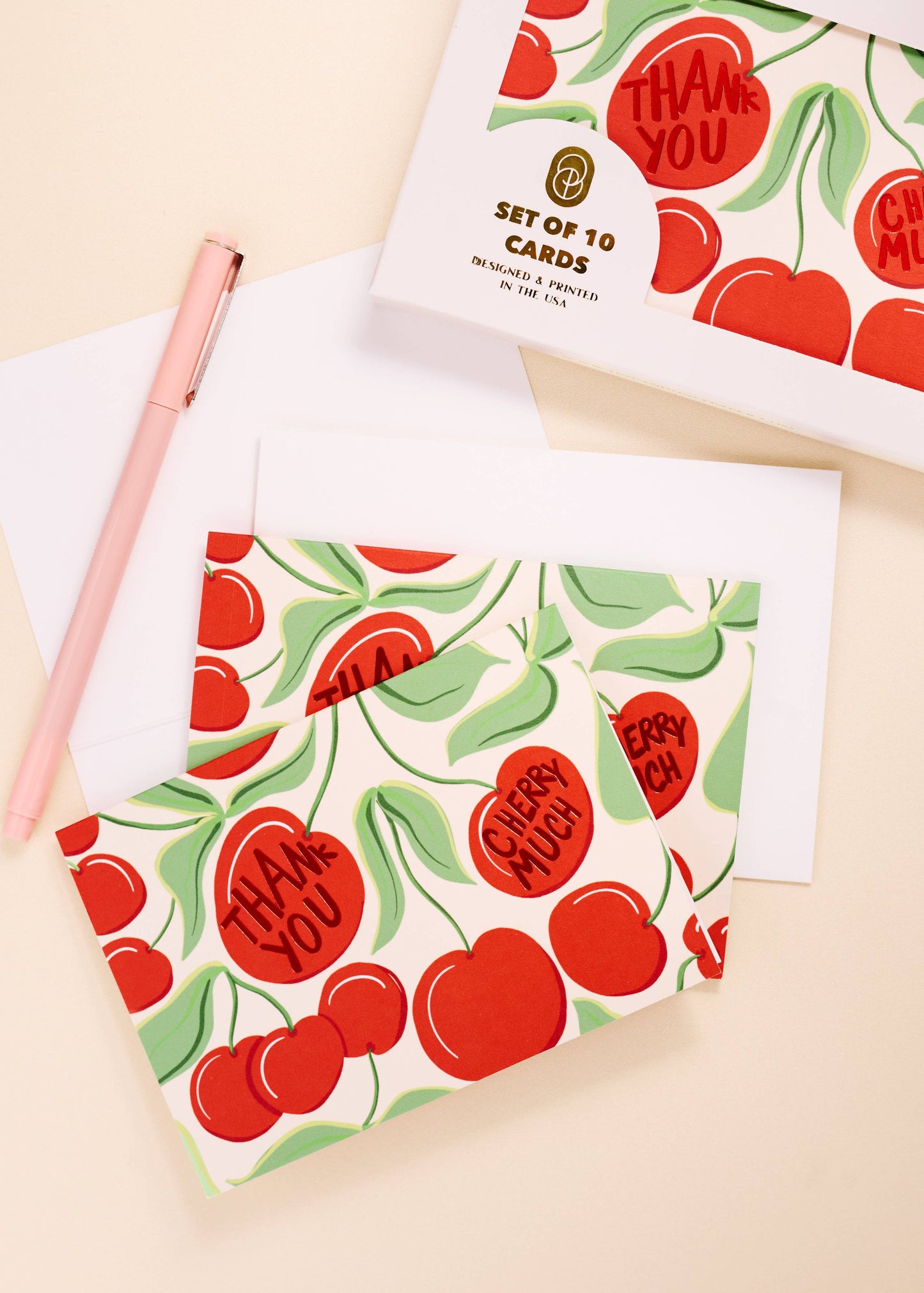 One & Only Paper - Thank You Cherry Much Foil Printed 4 Bar Folded Card - Set of 10