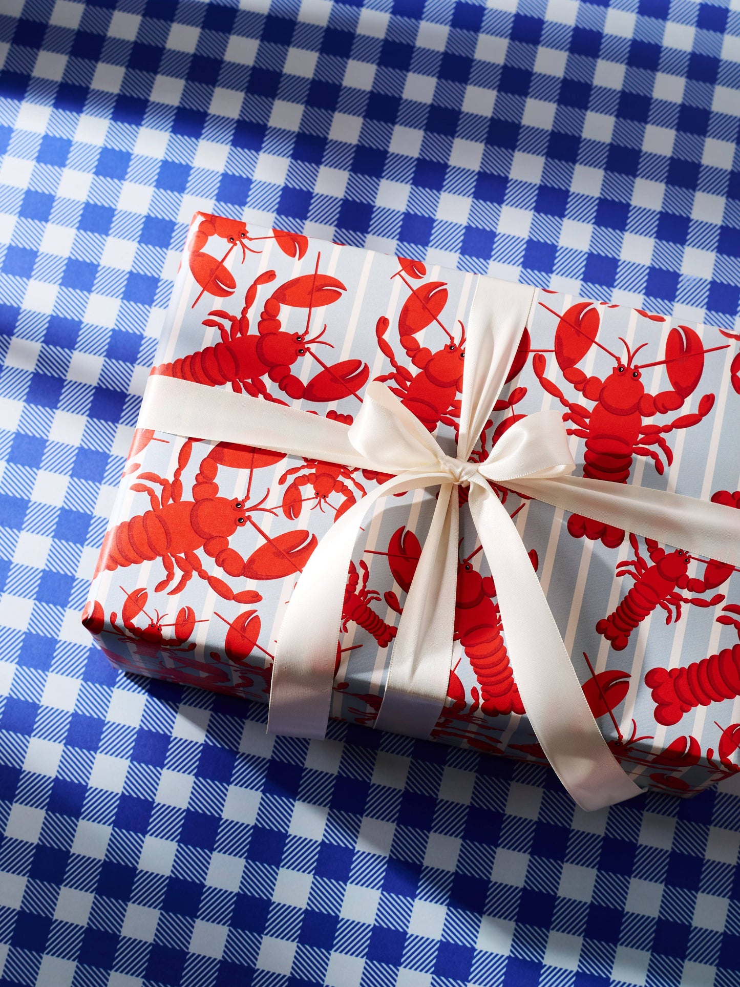 Lobster and Blue Gingham Double Sided Gift Wrap
