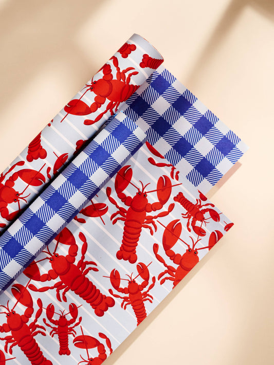 Lobster and Blue Gingham Double Sided Gift Wrap