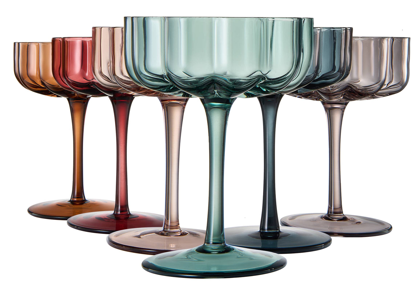 Flower Vintage Wavy Petals Glass Coupe 7oz, Sold individually (Muted Rainbow)