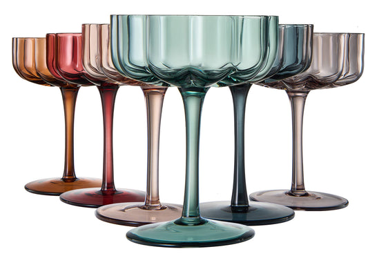 Flower Vintage Wavy Petals Glass Coupe 7oz, Sold individually (Muted Rainbow)